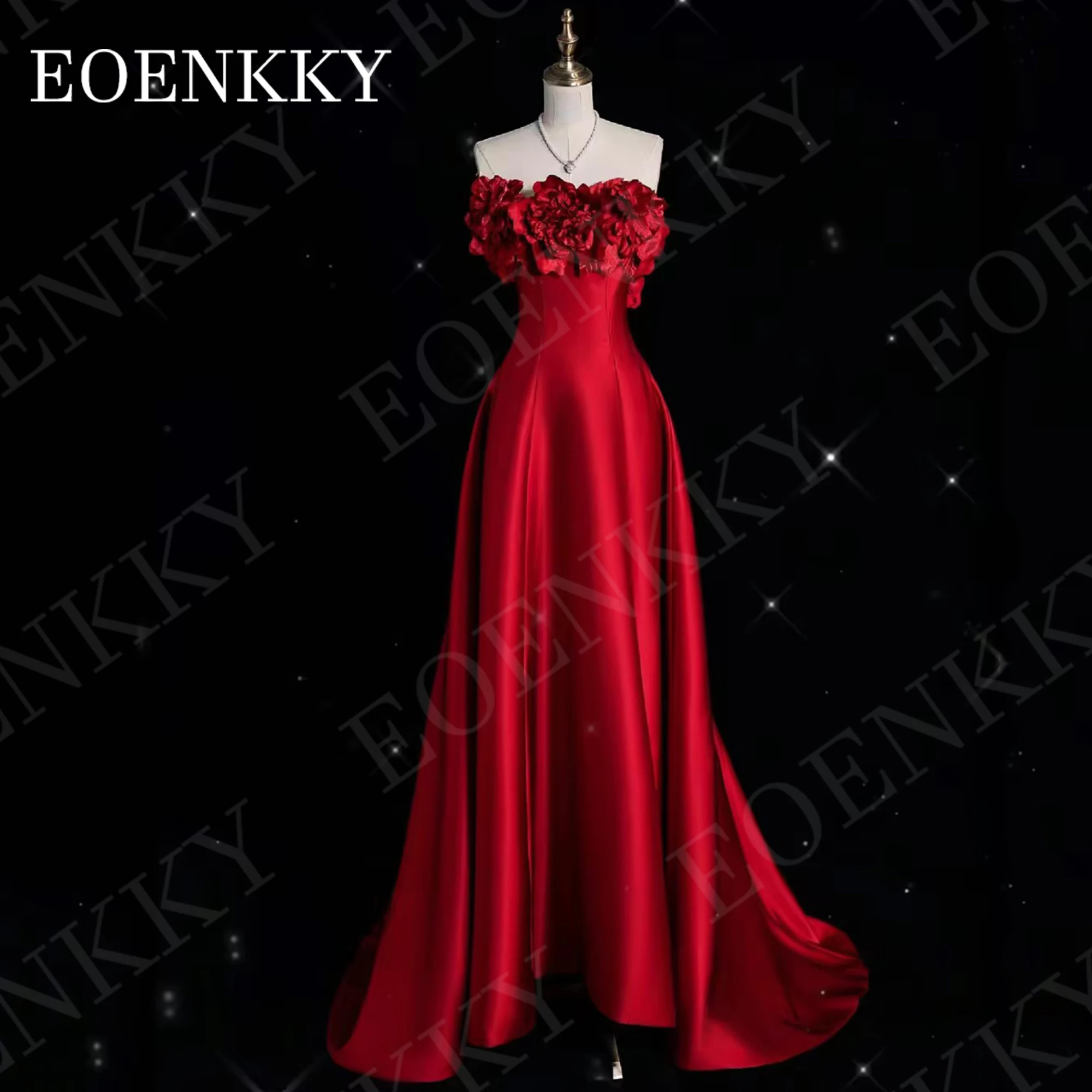 EOENKKY Burgundy A Line Prom Dresses 3D Floral Exquisite Satin Strapless Ceremony Dress Sleeveless Party Woman Customized 이브닝드레스