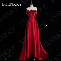 EOENKKY Burgundy A Line Prom Dresses 3D Floral Exquisite Satin Strapless Ceremony Dress Sleeveless Party Woman Customized 이브닝드레스