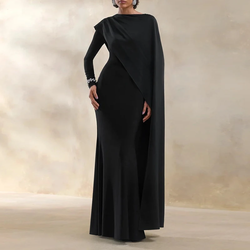 Women Elegant Cape Sleeve Maxi Dress Long Sleeve Solid Cowl Neck Split Floor Length Gown Casual Formal Wedding Guest Party Dress