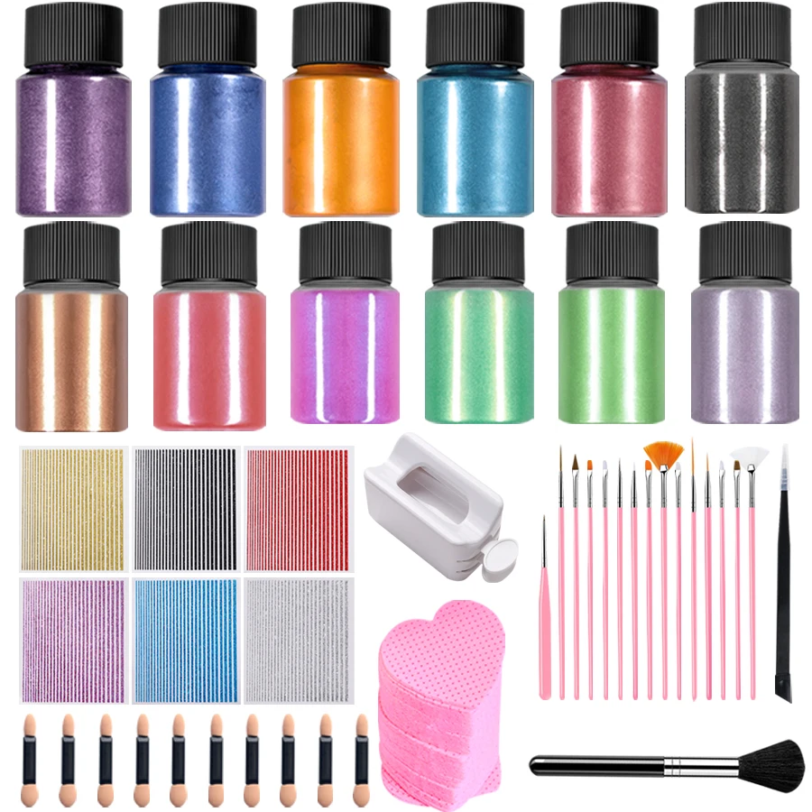 12Pcs 20ml Glitter Powder Nails Kit 6Pcs Nail Stickers Nail Brush Tweezers Cotton Pad Sponge brush powder box 15 Nail Pens Sets