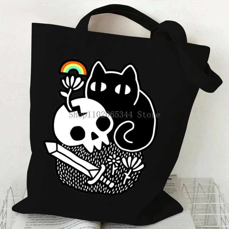 Sac fourre-tout imprimé crâne est plein de chats pour femmes et hommes, sacs à provisions de dessin animé Kawaii, sacs à main graphiques en toile animale, mode