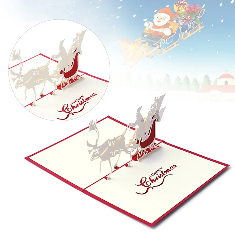 3D  Up Christmas Greeting Cards Santa Sleigh Handmade Holiday Postcard with Envelope Set for Xmas New Year Gifts