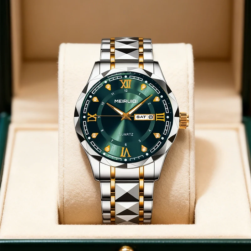 A men's room gold blue casual style temperament dual display date pointer quartz watch