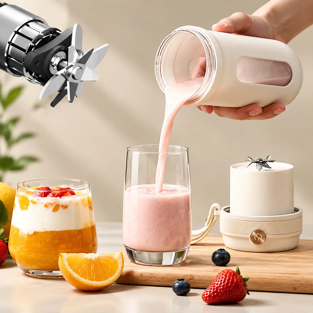 350ml Portable Rechargeable Blender Cup, 10-Blade Cutter, 80W Motor, Dual 1500mAh Batteries, Type-C Charging, Detachable Silicone Straw, for Fruit and Vegetable Drinks and Personal Blending at Home, Beige, ABS, PC and 304 stainless steel