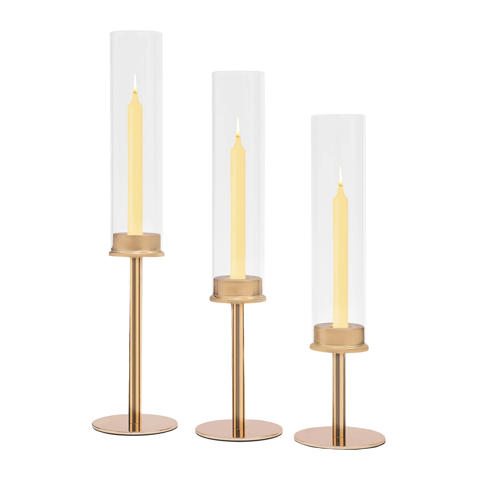 3* Gold Wind-proof Candle Holders W/ Glass Shades Ideal Gift Tabletop Durable Sturdy  Iron & Glass  Wind-proof Candle Holders