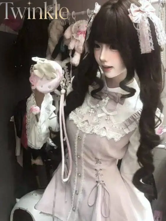 Women's Gothic Lolita Dress Set Lace Bell Sleeve Bib Collar Cinched Waist Two Piece Dress Outfit