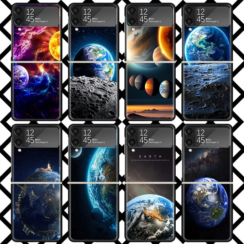 Earth Stars Space Phone Case For Samsung Z Flip 7 6 5 4 3 Galaxy ZFLIP7 ZFlip6 5G Flip5 Flip4 Flip3 5g Black Hard Cover