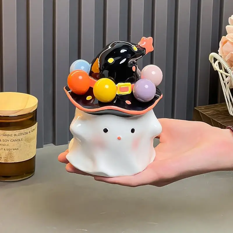 Halloween Ceramic Ghost Jar with Colorful Witch Hat – Cute Decorative Storage Container with Fork Interaction, 2 Colors,