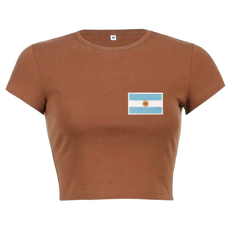 

Женский топ с вышитым флагом Аргентинского флага Y2K, уличная сексуальная обтягивающая футболка с короткими рукавами, коричневая облегающая спортивная женская одежда в стиле ретро