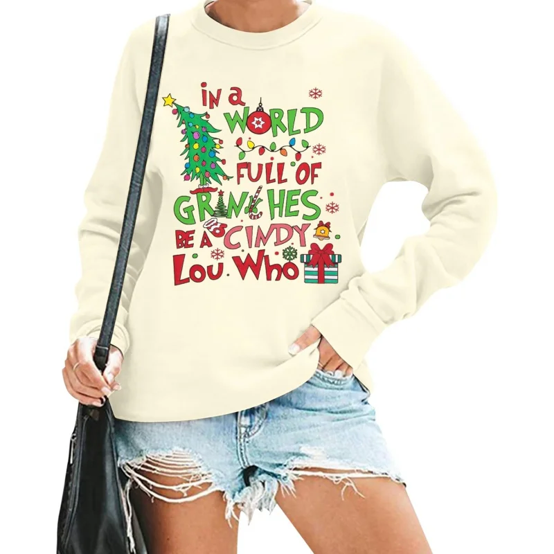 

Women's Christmas sweatshirt paired with cute Christmas tree pattern loose oversized long sleeved top