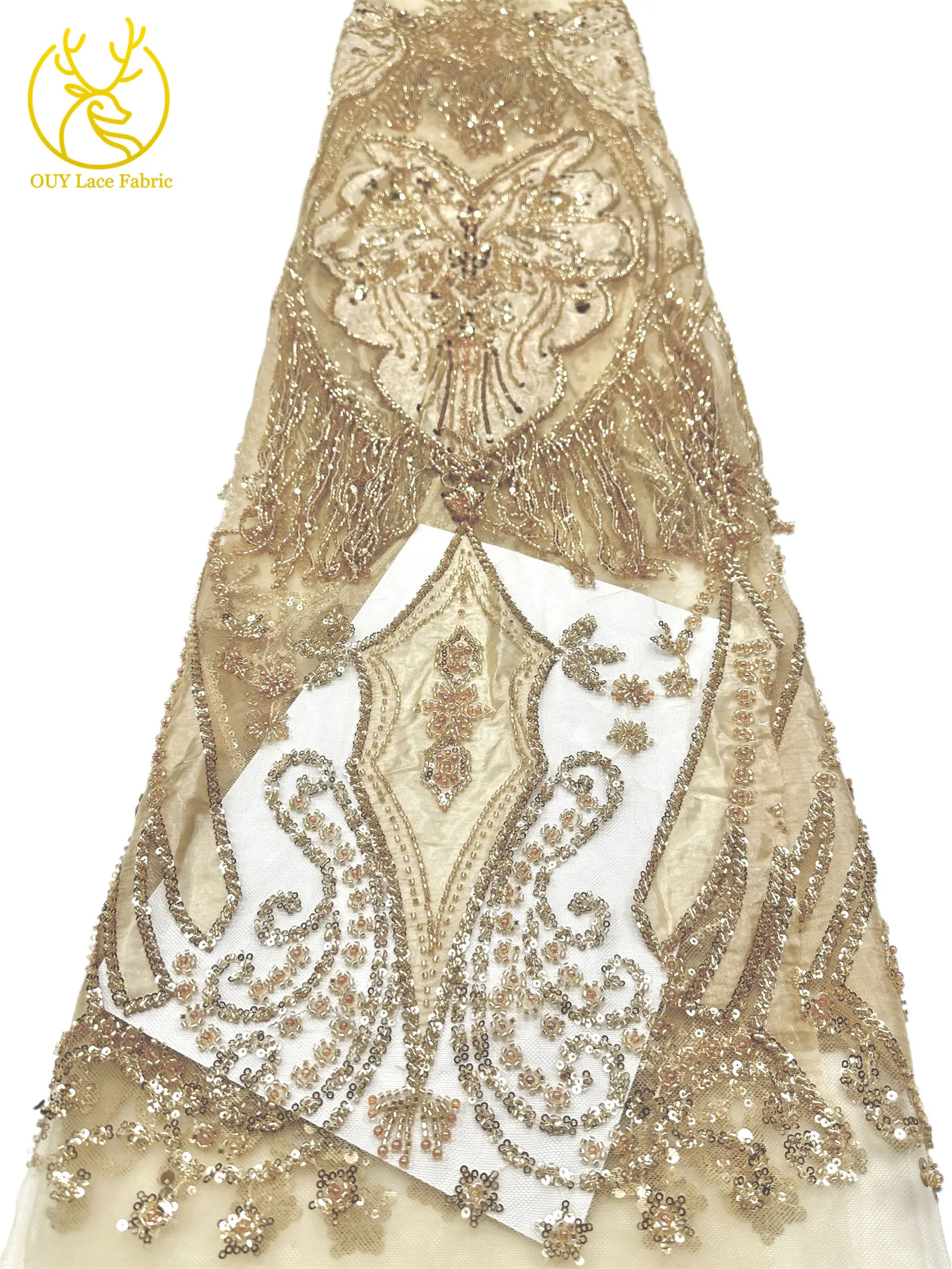 Eleganter Afrikanischer Samt 3D Perlen-Spitzenstoff 5 Yards Französische Pailletten Tüll Stickerei Spitzenstoff Nigerianisches Hochzeitskleid Nähzubehör – Detail 11