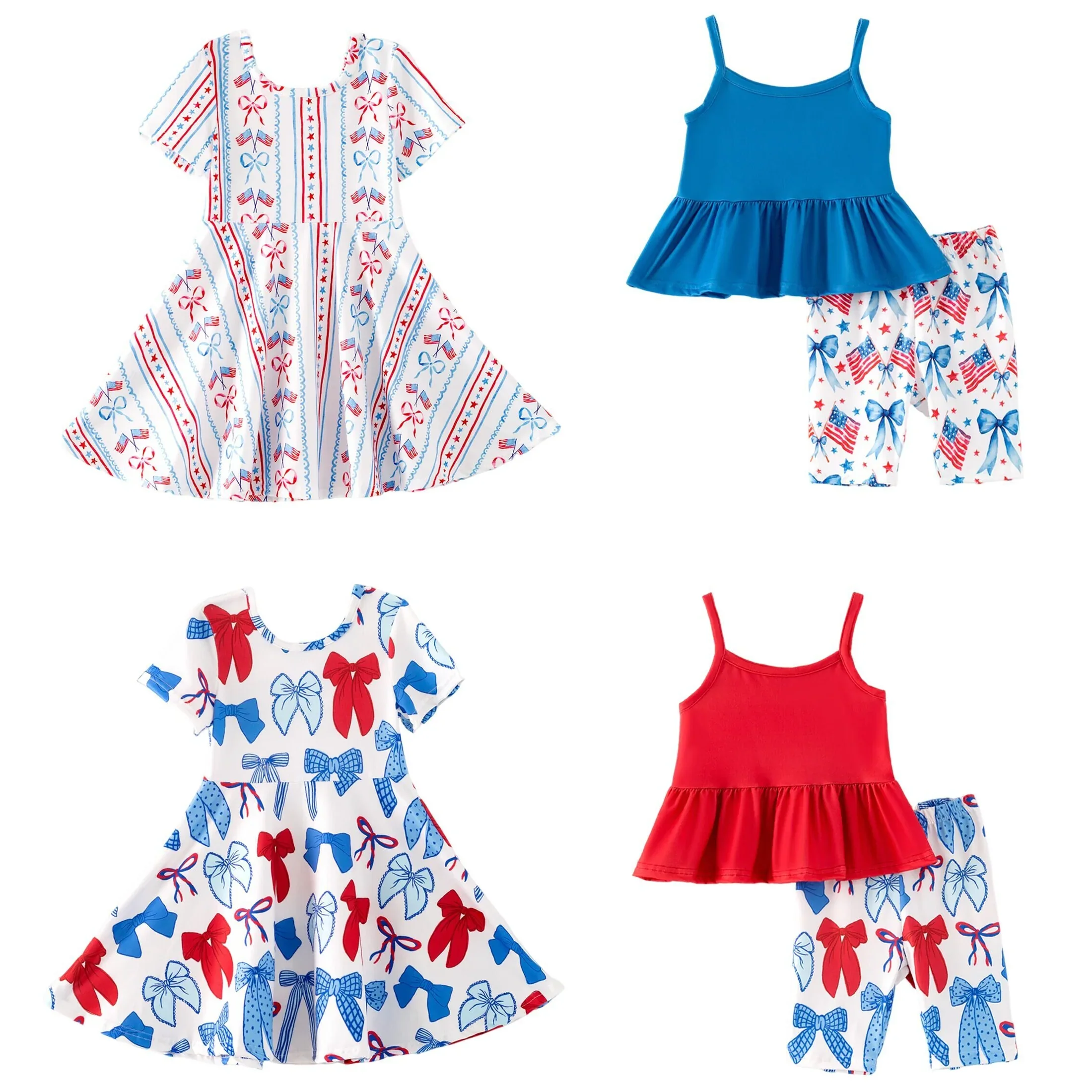 Independence Day Collection Bow and Flag Print Short-Sleeve Dress Blue and Red Camisole Top and Fitted Shorts Set for Girls Summ