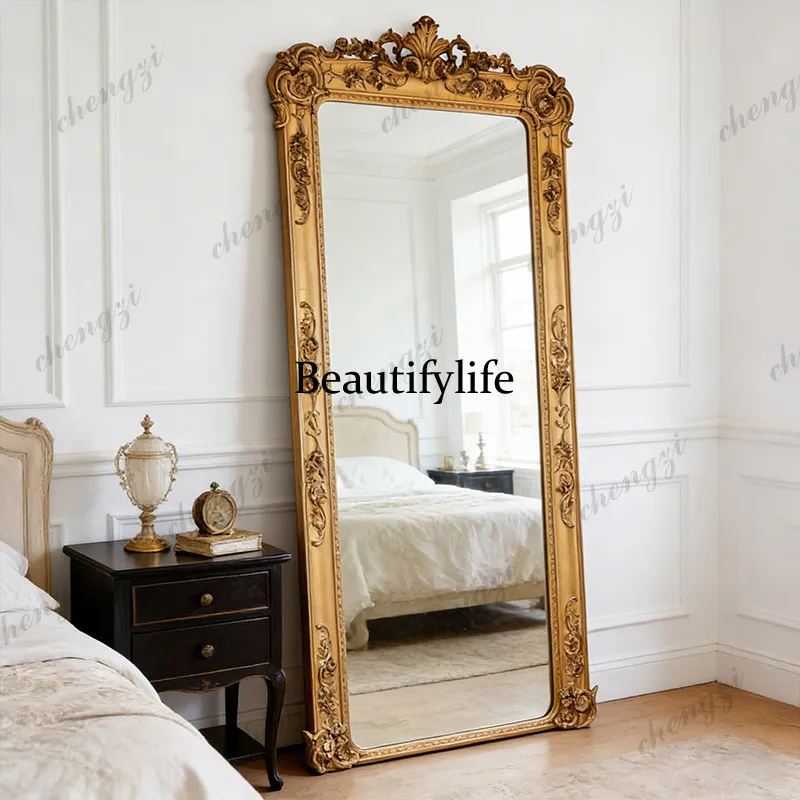 Customized full-body mirror European retro carved floor-to-ceiling living room fitting mirror French cloakroom decorative mirror