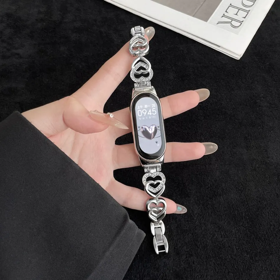 Metal Strap For Xiaomi Mi Band 8 7 6 5 4 3 Wristband Luxury Glitter Dual Love Stainless Steel Bracelet Replacement Watch Band