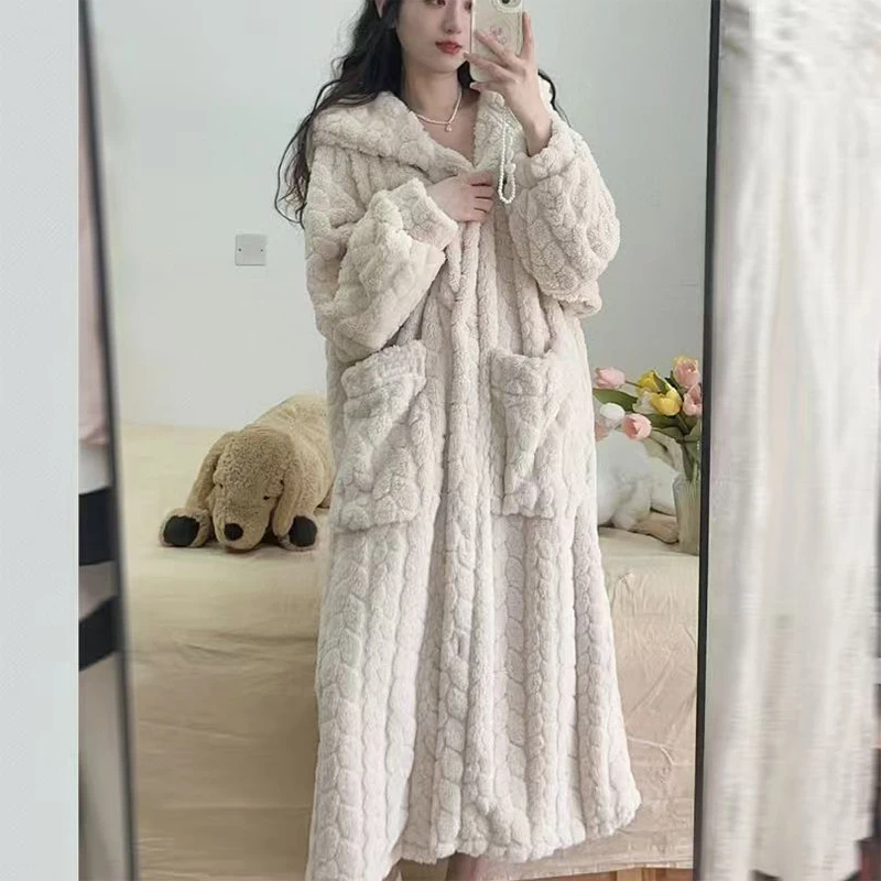 Women's Flannel Coral Fleece Long Hooded Nightgown Warm Plush Loungewear with Pockets Casual Home Sleepwear for Autumn Winter image 3