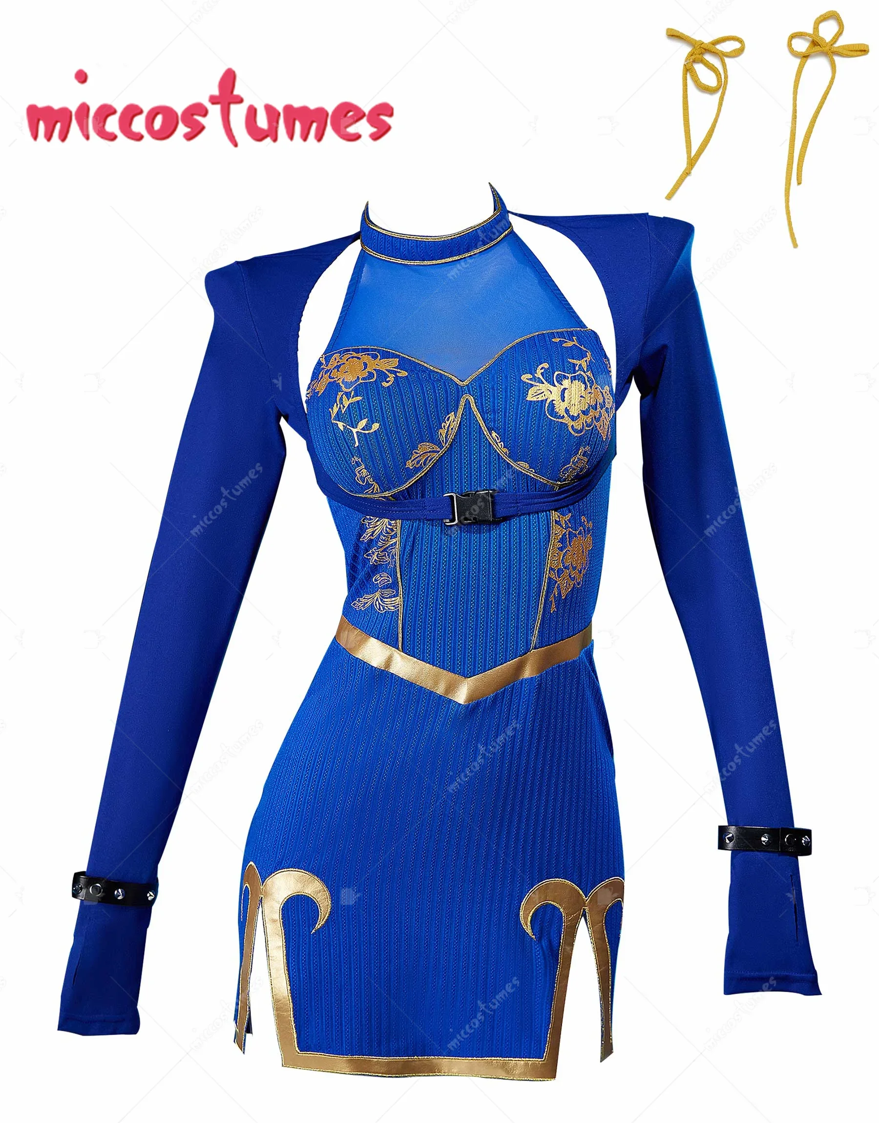 MICCOSTUMES Chun Li Derivative Abito casual da donna Abito allacciato e top con bracciali Costume cosplay con fascia per capelli