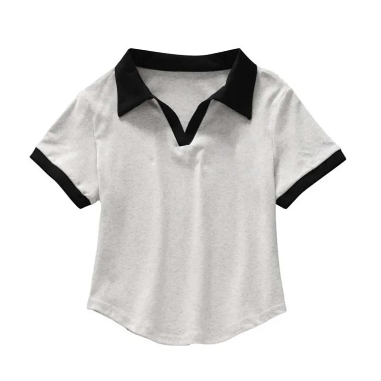 AOSSVIAO 2026 Frühling Sommer Damen Colorblock V-Ausschnitt Kurzarm Poloshirt Schickes Slim Fit Vielseitiges T-Shirt Sexy Crop Tops – Detail 11