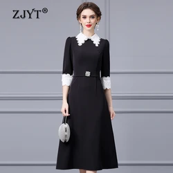 ZJYT Women's Embroidery Lace Patchwork Black Midi Dress Spring Elegant Three Quarter Sleeve Party Dress 2024 Fashion Vestidos