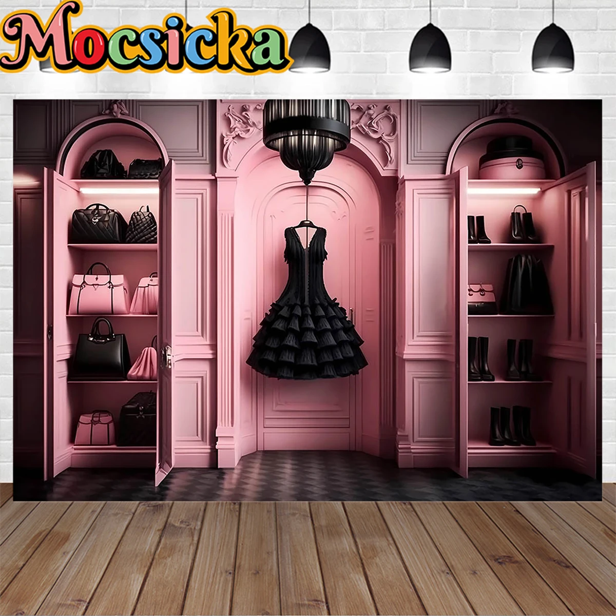 Sweet Girls Dolly Cloest Theme Birthday Party Background Black Dress Pink Retro Photography Backdrop Adult Portrait Photo Studio