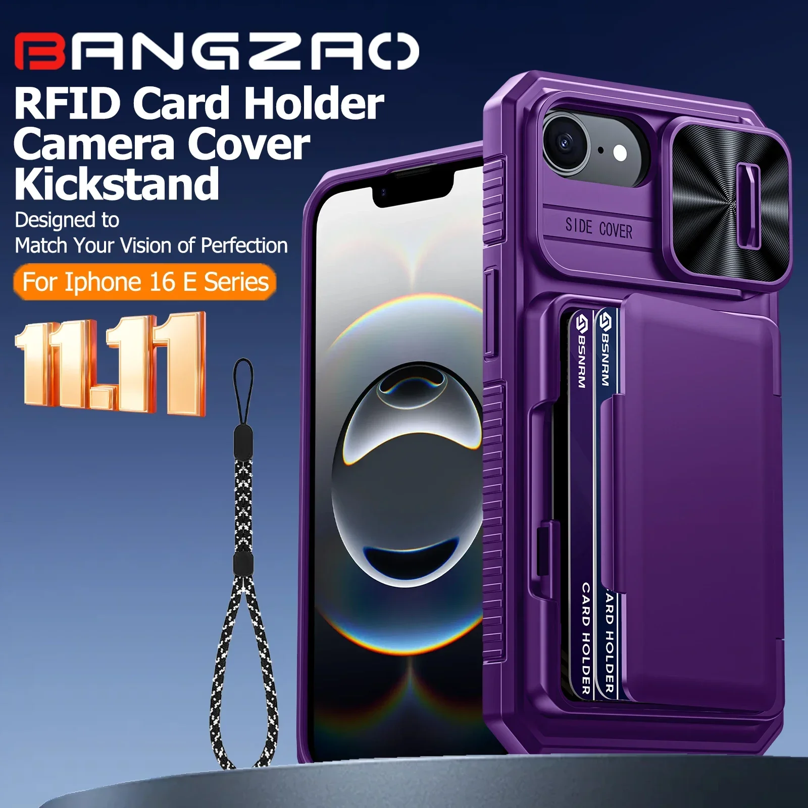 

Глобальный карнавальный фестиваль, чехол для iPhone 16E, держатель для карт, чехол для камеры, удерживаемый противоударный защитный чехол для телефона - фиолетовый