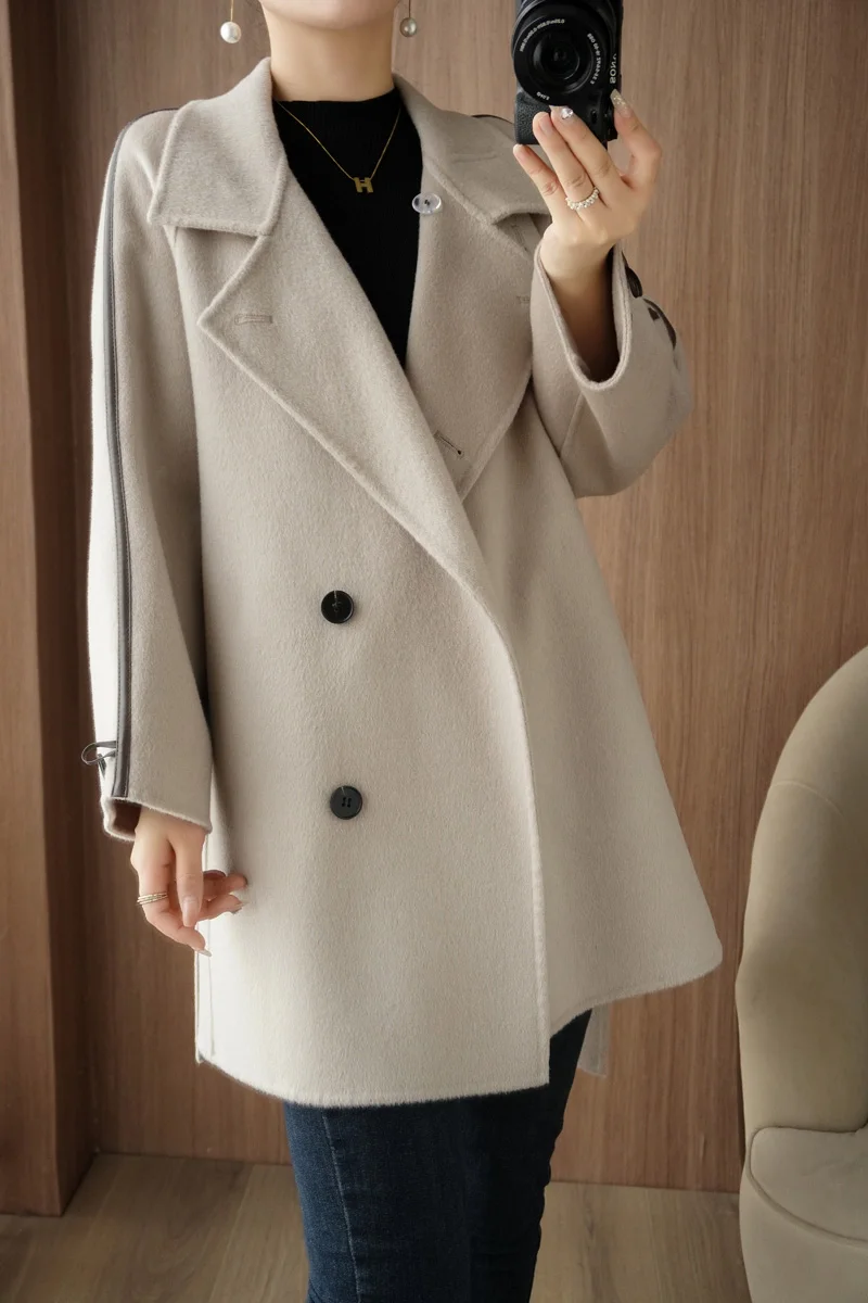 Manteau en cachemire double face pour femme, 2023 pure laine, col montant, taille fine, haut à lacets, automne, hiver, nouveau, 100%