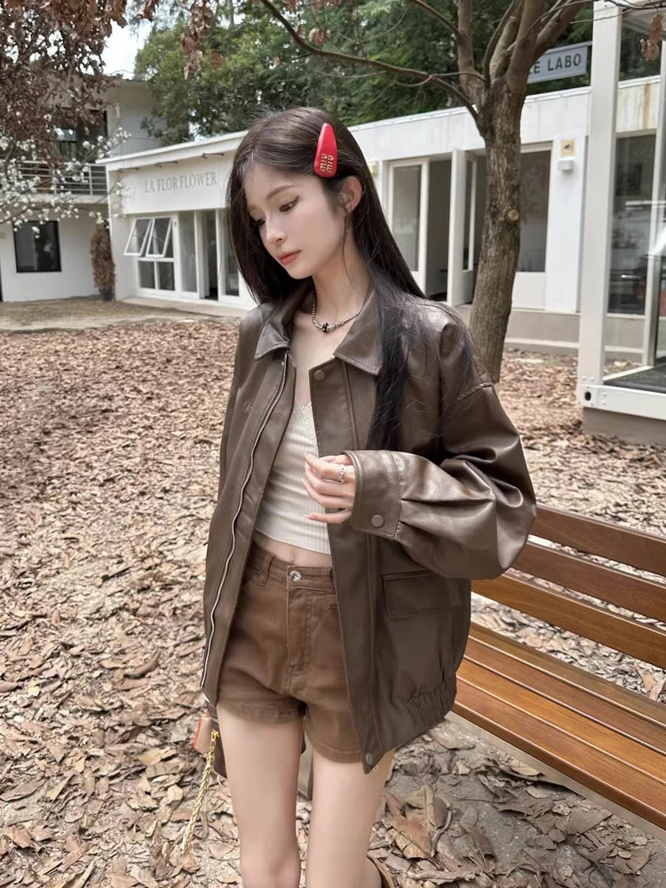 الرجعية الأمريكية براون الجلود Jaet المرأة فضفاضة طويلة Sve Bla بارد دراجة نارية بو الجلود أعلى الشارع Sle تخفيف الرياح