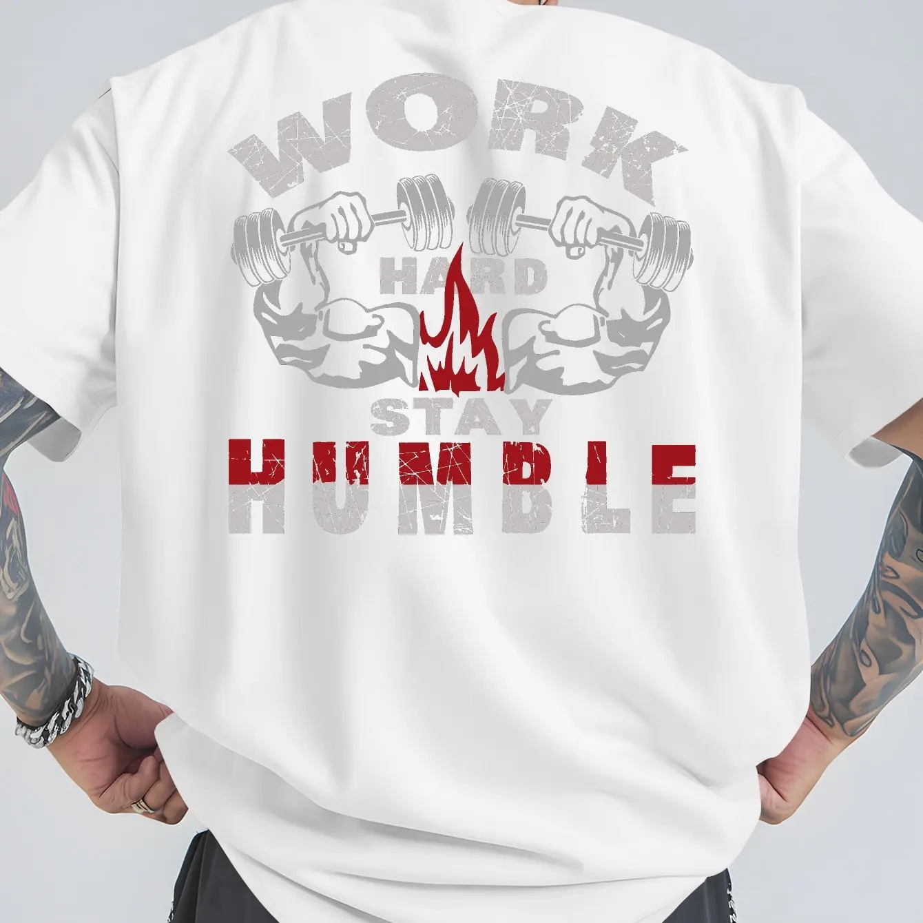 Dumbbell Men Cotton TShirt Fitness Muscle Streetwear Casual Workout White