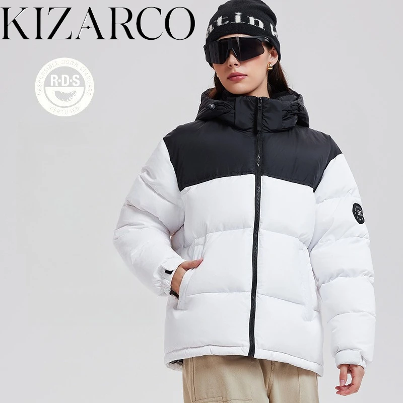 Thermal Puffer Women's Running Jacket for Winter Sports with Warm Fleece Lined Hood, Windproof Grey Black Colorblock Design