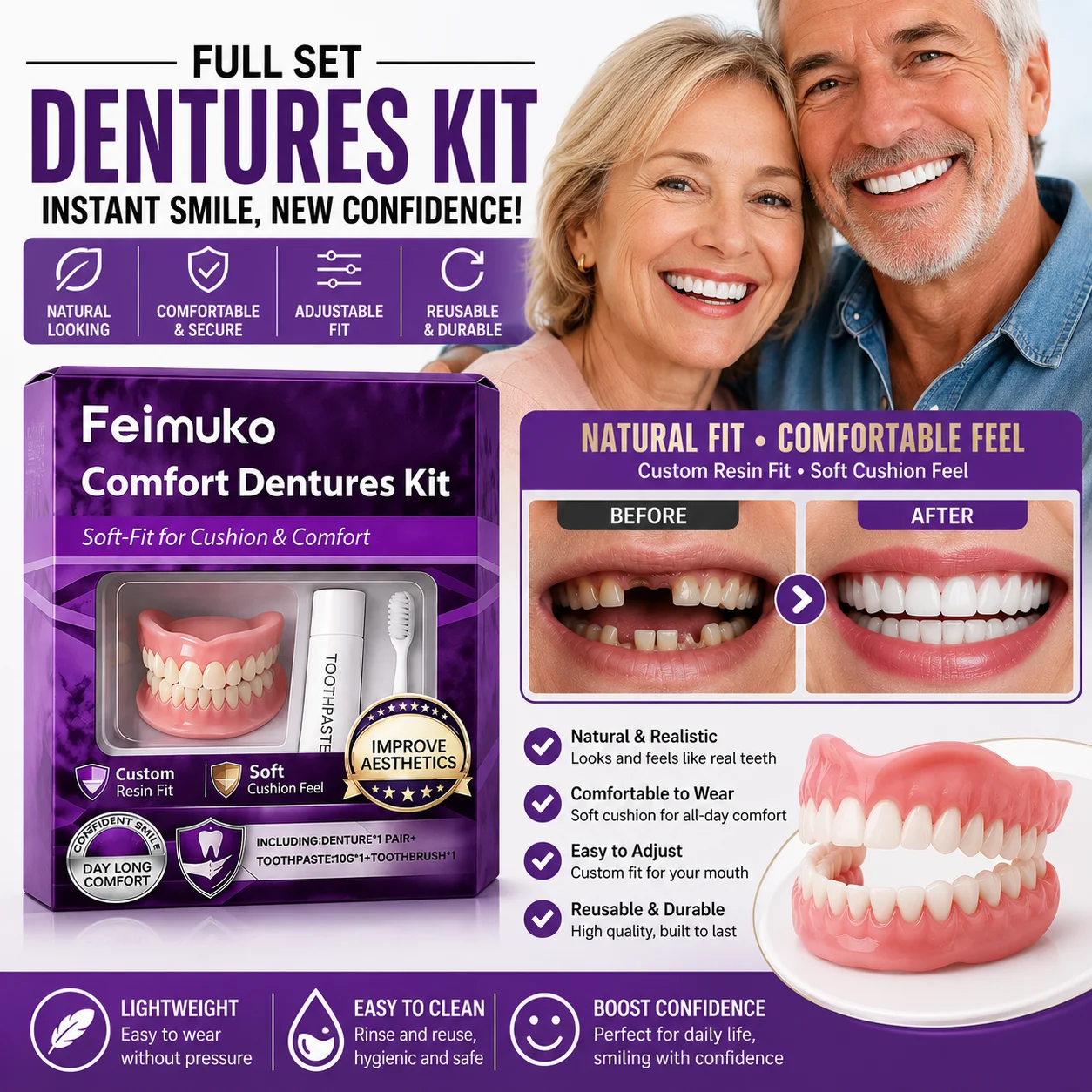 Full Set Silicone Dentures Upper and Lower Silicone Fake Teeth Braces Natural-Looking Comfortable Adjustable Daily Oral Care