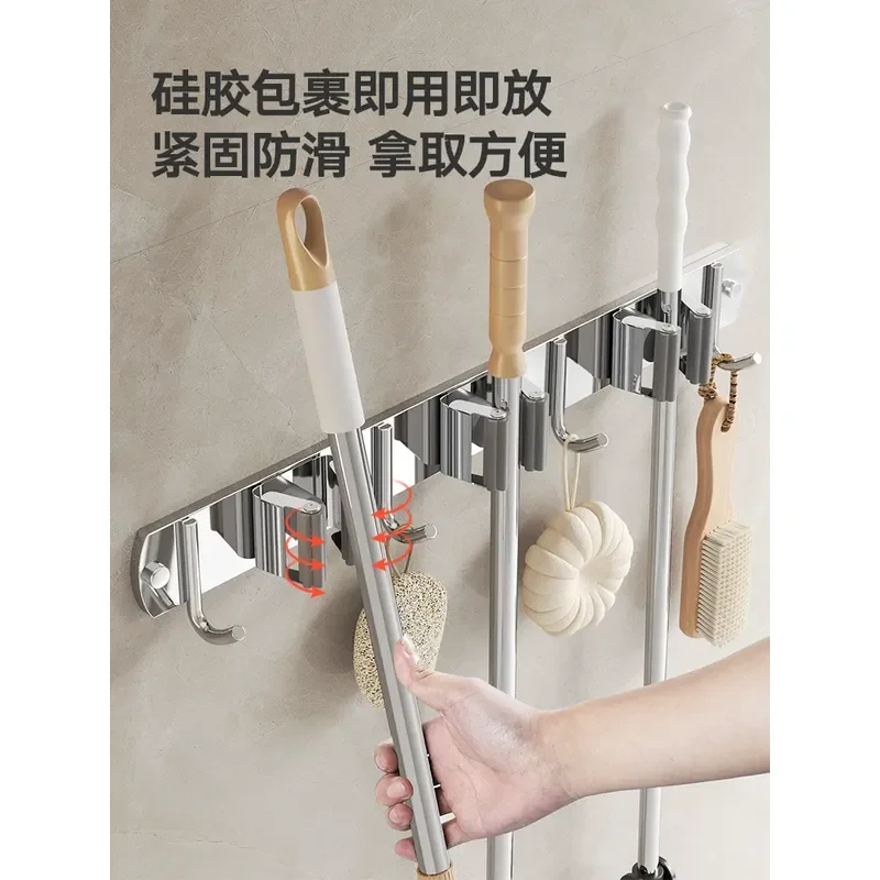 For Mop Hook Stainless Steel Broom Hanger Strong Adhesive Wall Hanging Clip No Drilling Bathroom Storage Organizer Kitchen
