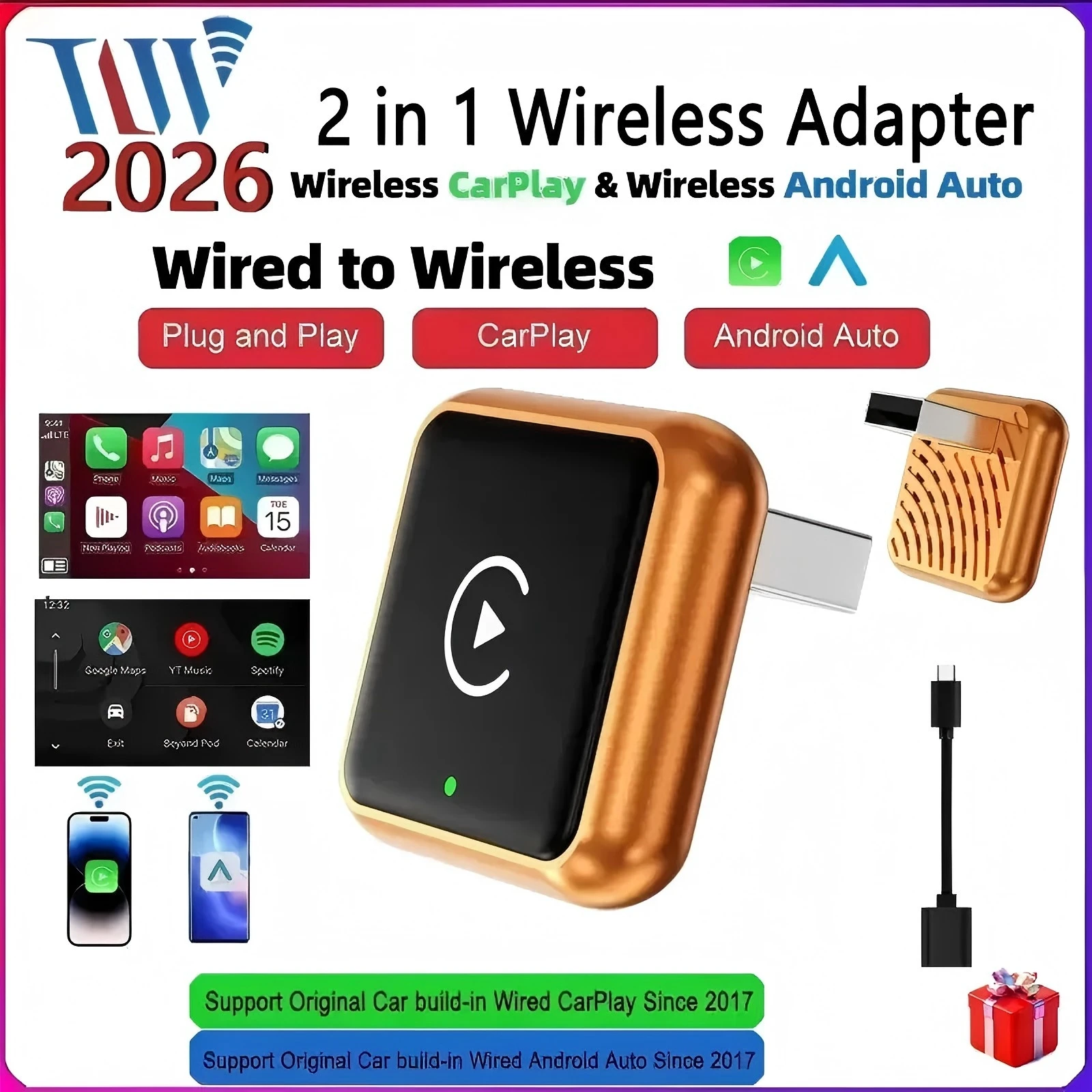 2026 2in1 Wireless CarPlay Android Auto Wireless Adapter Mini Box Plug and Play Connect Universal for Nissan Wireless Adapter