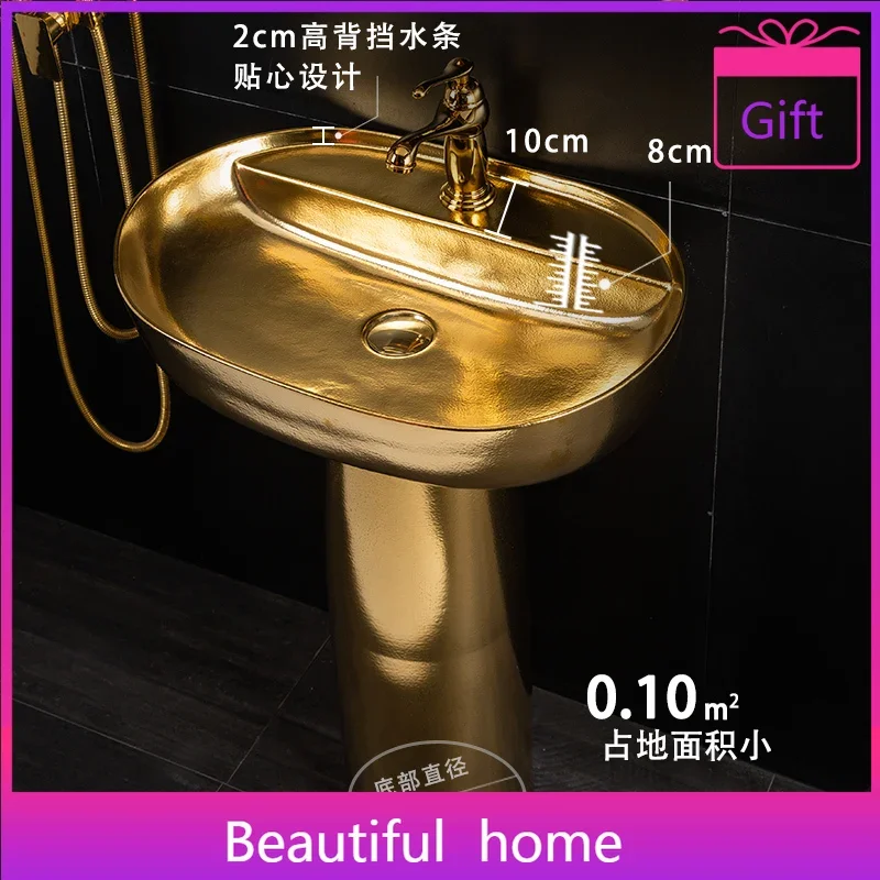 

Ceramic European wash basin golden column bathroom washbasin integrated floor-to-ceiling hotel