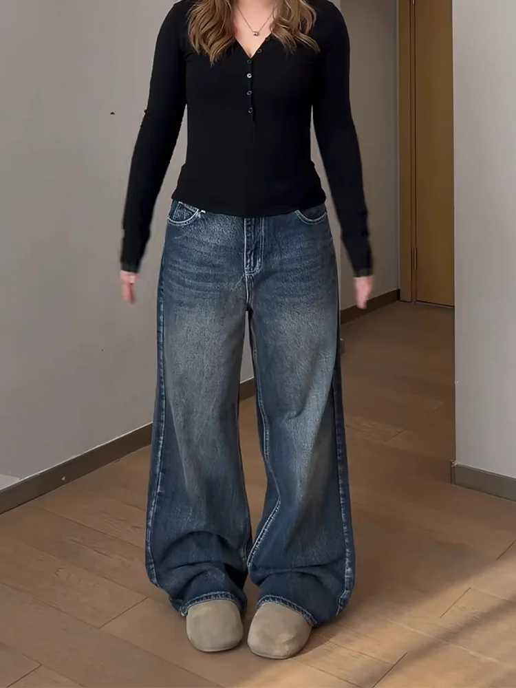 

Large Size American Retro Embroidered Denim Pants Women's Loose Blue Wash Slim Wide Leg Straight Long Trousers