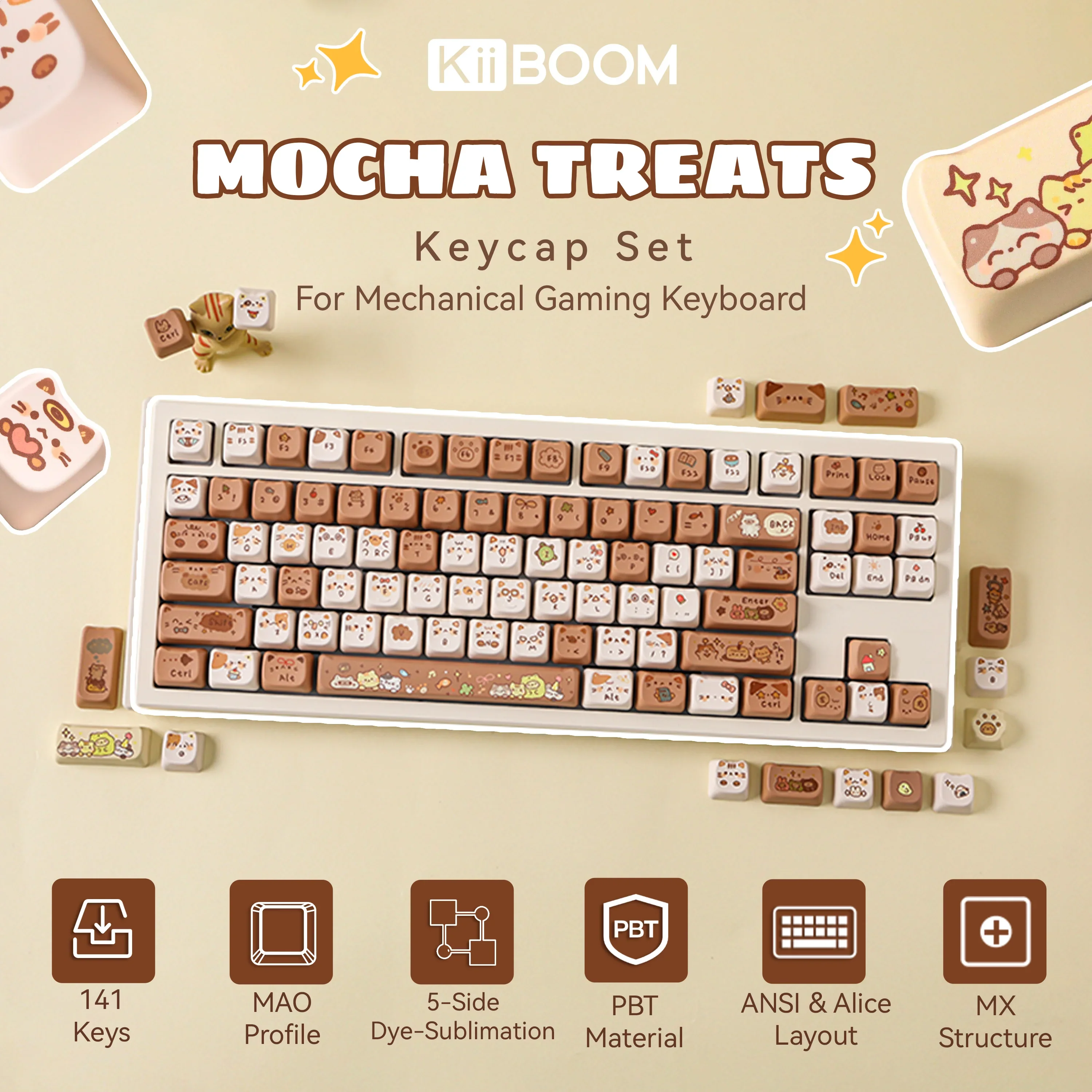Custom KiiBOOM Mocha Treats Keycap Set 141 Keys MAO Profile 5 Side Dye Sub PBT for Full ANSI Layout Compatibility Keyboard Gift