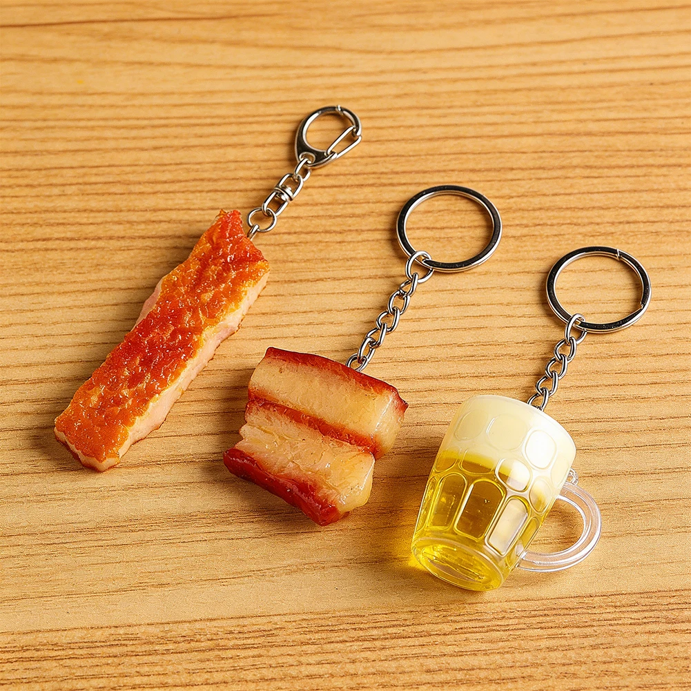 Realistic Food Shaped Keychain Fun Pig Cutlet Pork Belly Beer Mug Mini Pendant Miniature Toy Creative Backpack Car Ornaments