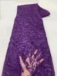 Luxurious Nigerian Net Lace Fabric 2024 High Quality Sequins Embroidery Purple African Lace Fabric For Woman Wedding DressA24-3