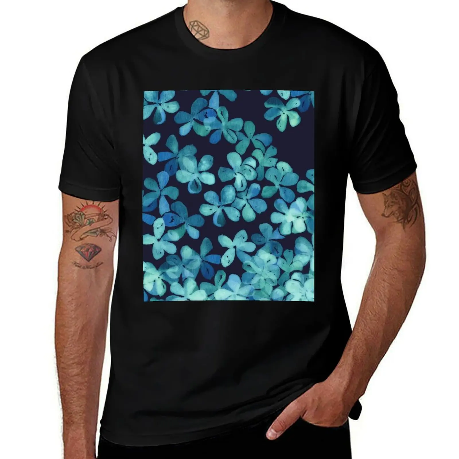 Hand Painted Floral Pattern in Teal & Navy Blue T-Shirt Cool Feeling Summer Tee Shirt T-Shirt
