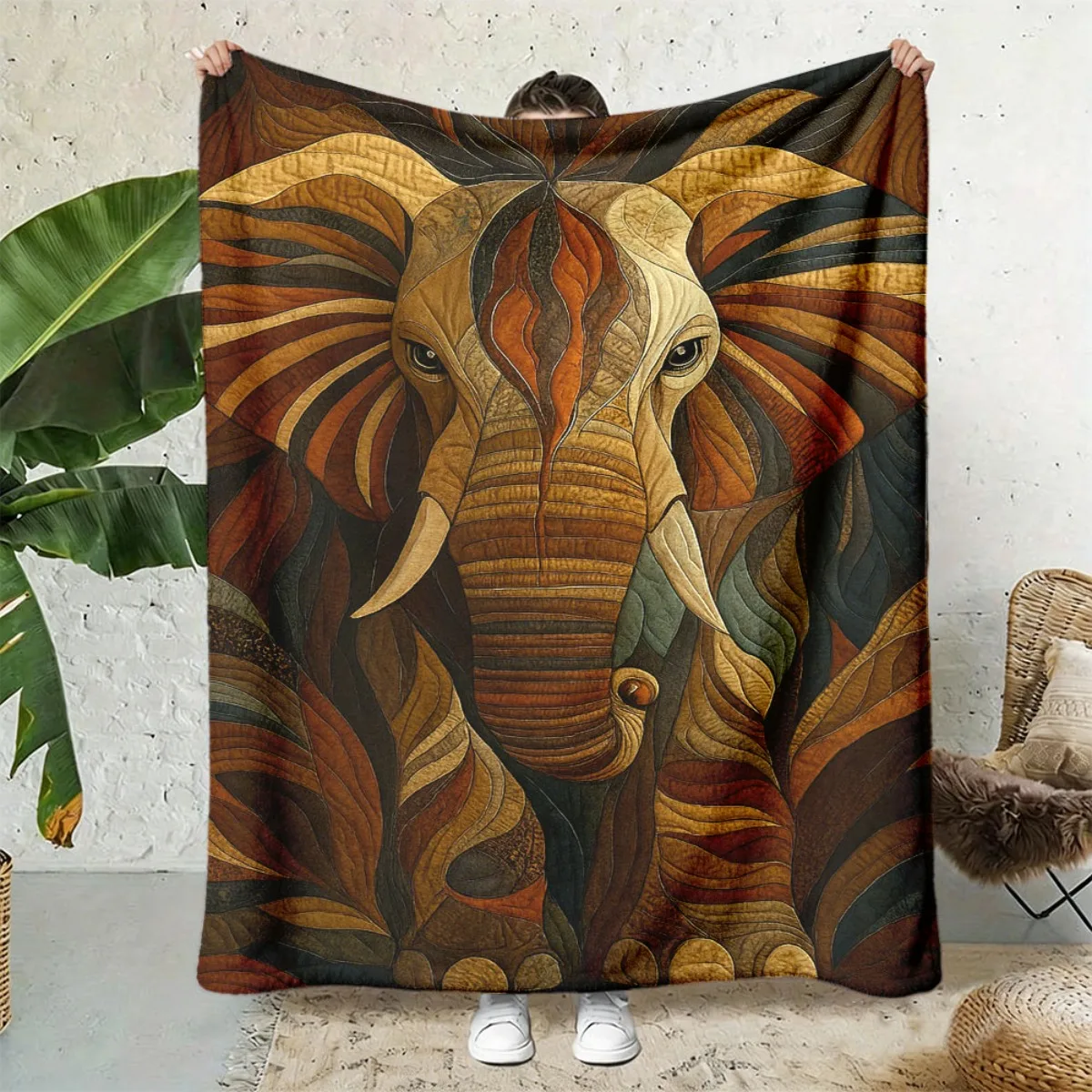 African Savannah Sunset Water Reflection Elephant Family Art Print Blanket for Camping Travel Rustic Wild Animal Home Decor Rug