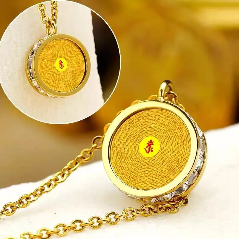 Chinese Style Lucky Blessing Titanium Steel Rhinestone Inlaid Six True Words Shurangama Mantra Round Pendant Necklace Fortune