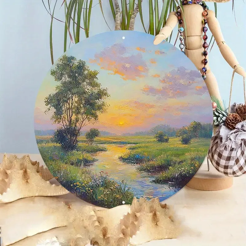 Rustic Sunset River Landscape Metal Wall Art Sign - 8x8 Inch (20x20cm) Round 2D Flat Aluminum Vintage Farmhouse Decor with Seren