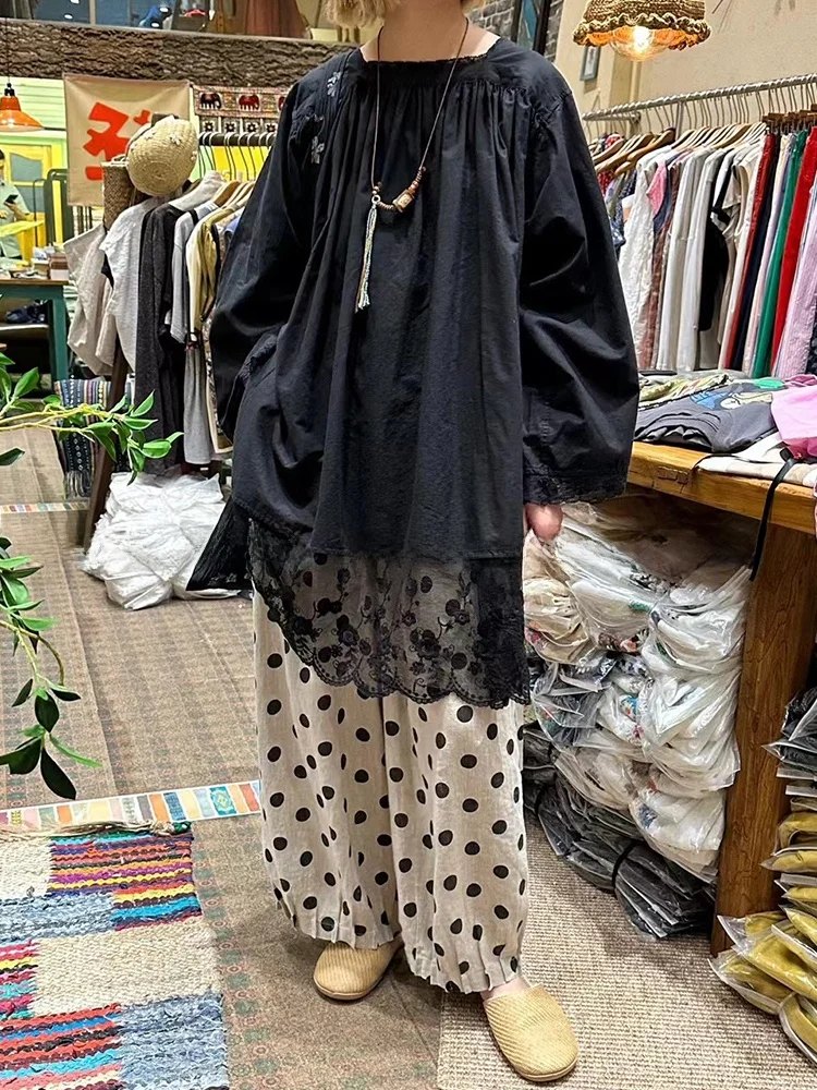 

Summer Vintage Large Size Women's Black Lace Insert Midi Shirt Apricot Polka Dot Pants Slightly Plump for All Body Types