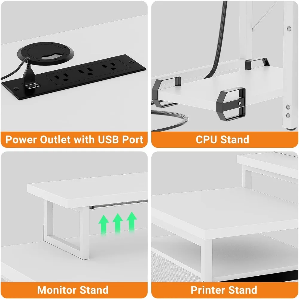 White Computer Desk Table Corner Desk With RGB LED Lights & Power Outlets & Monitor Stand Office Furniture Table for Laptop Bed