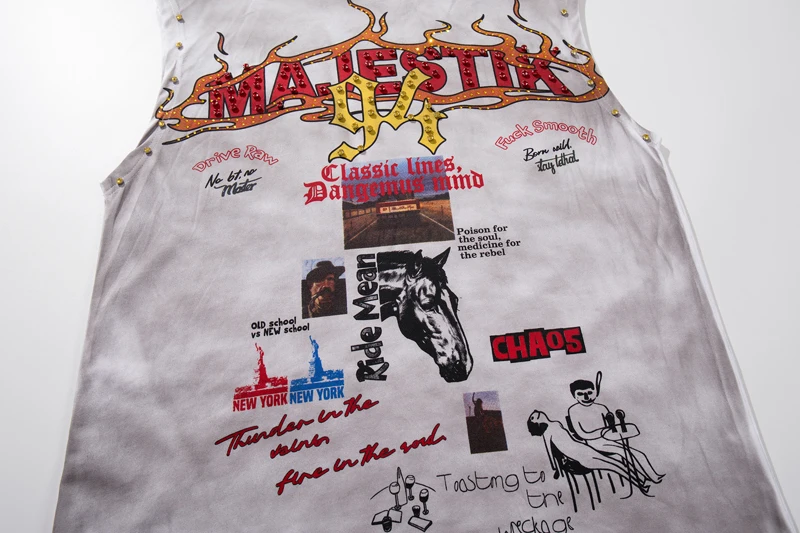 Vintage Distressed Washed Dirty MAJESTIK Tshirt Nail Bead Round Neck Sleeveless Flame Letter Graffiti Print Tank Tops Men Women