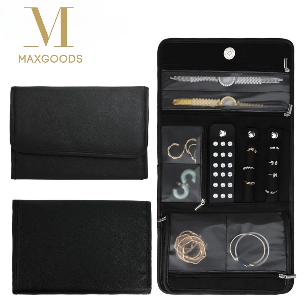 حقيبة تخزين المجوهرات القابلة للطي، تصميم كتاب من البولي يوريثان، جيوب شفافة، حقيبة تخزين قلادة محمولة مع سحاب متعدد الوظائف