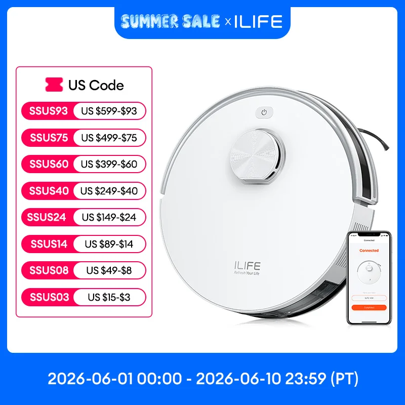 

ILIFE V30 Robot Vacuum Cleaner, Laser Navigation, 10000Pa Suction, Up to 150min Runtime, APP Control, Customizable cleaning