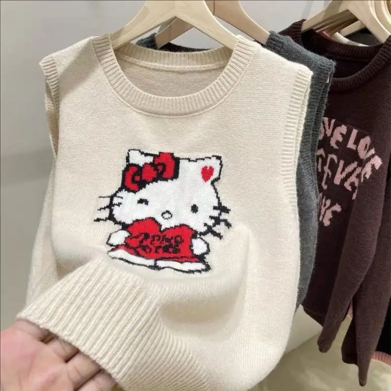 

Korean Hello Kittys Knitted Vests Women's Cartoon Embroidery Crew Tops Fashion Sleeveless Pullovers Sweater Casual Women Clothes