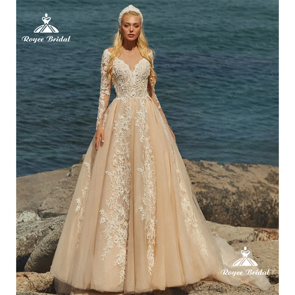 Roycebridal decote em v uma linha vestido de casamento 2025 renda tribunal trem vestido de casamento personalizado vestidos de noiva casamentorobes de soirée