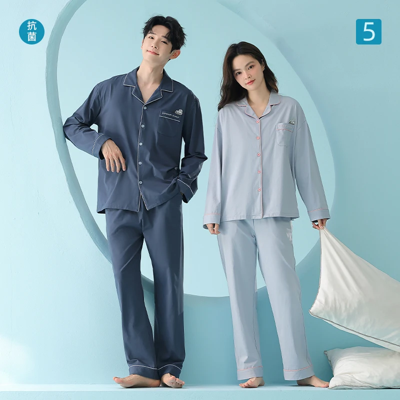 

Новейший весенне-осенний комплект пижам для пар из трикотажного хлопка, однотонные пижамы с отложным воротником и длинными рукавами для мужчин и женщин