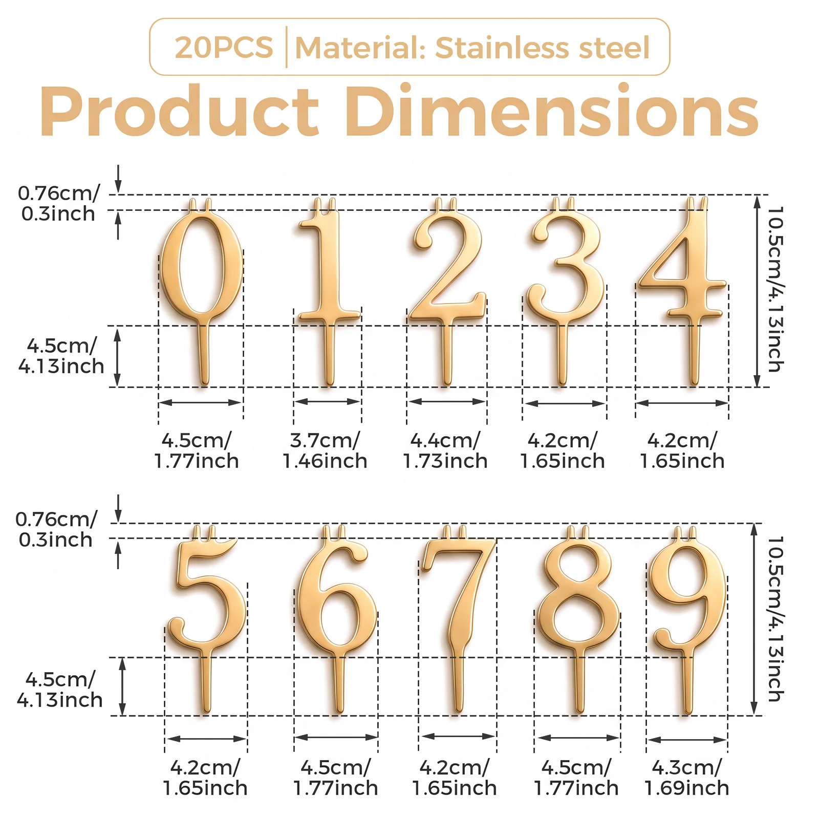 20Pcs Stainless Steel Number Candle Holder Set Metallic Finish Birthday Candle Holder Set for Date Display Milestone Celebration