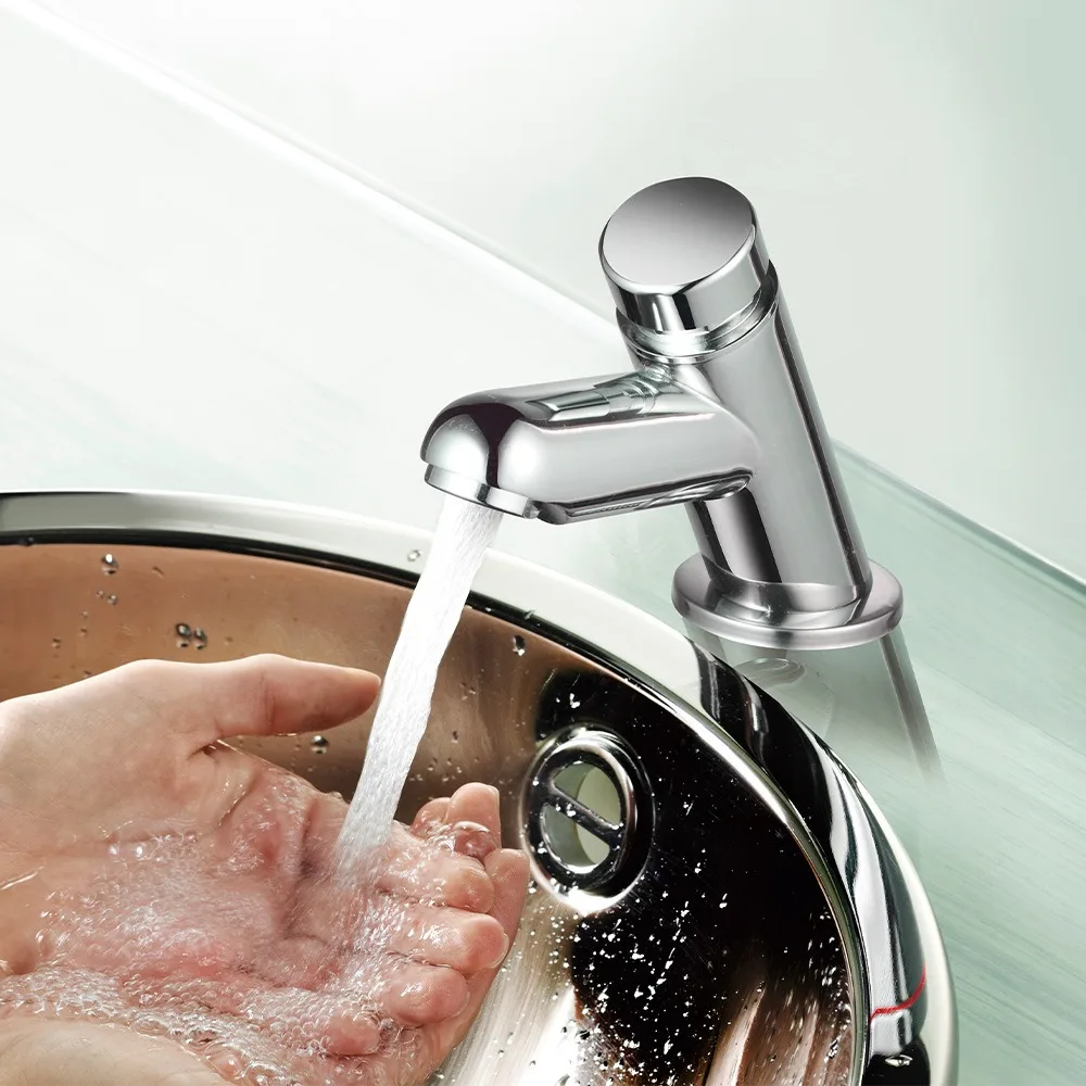All-copper electroplated public toilet basin with delayed faucet and push-button hand washing basin faucet